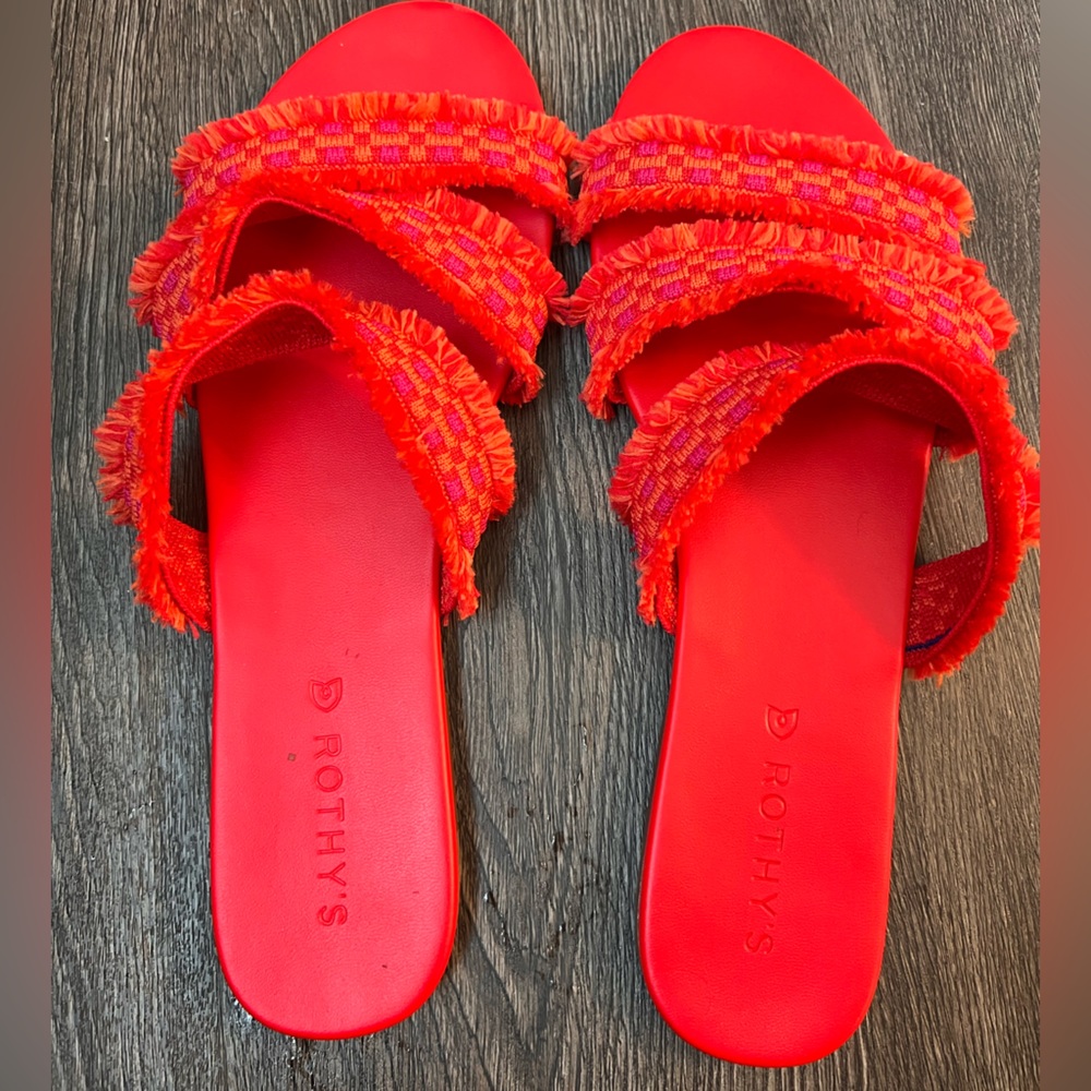Rothy's Triple Band Bright Red Fringe Trim Slip On Slide Sandals Women's 10